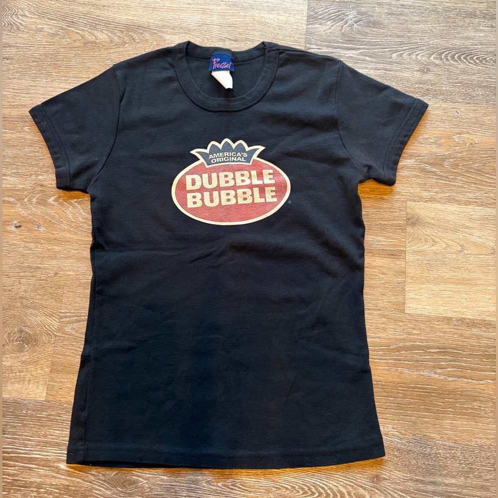 Vintage Double Bubble Gum Fitted Stretch BabyTee Top Black Crew Neck Youth XL - Picture 2 of 5